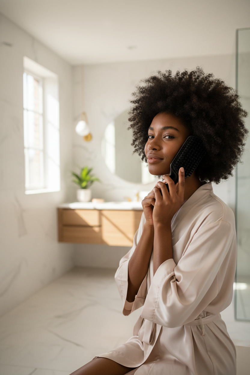 Femme tenant la brosse naturellement