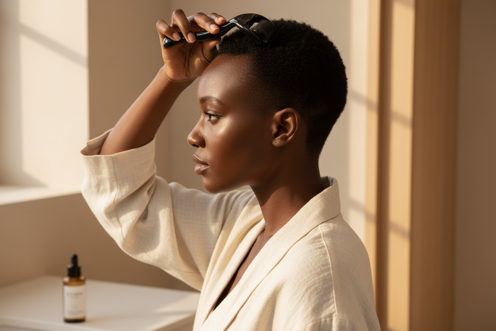 Femme utilisant derma roller sur cuir chevelu