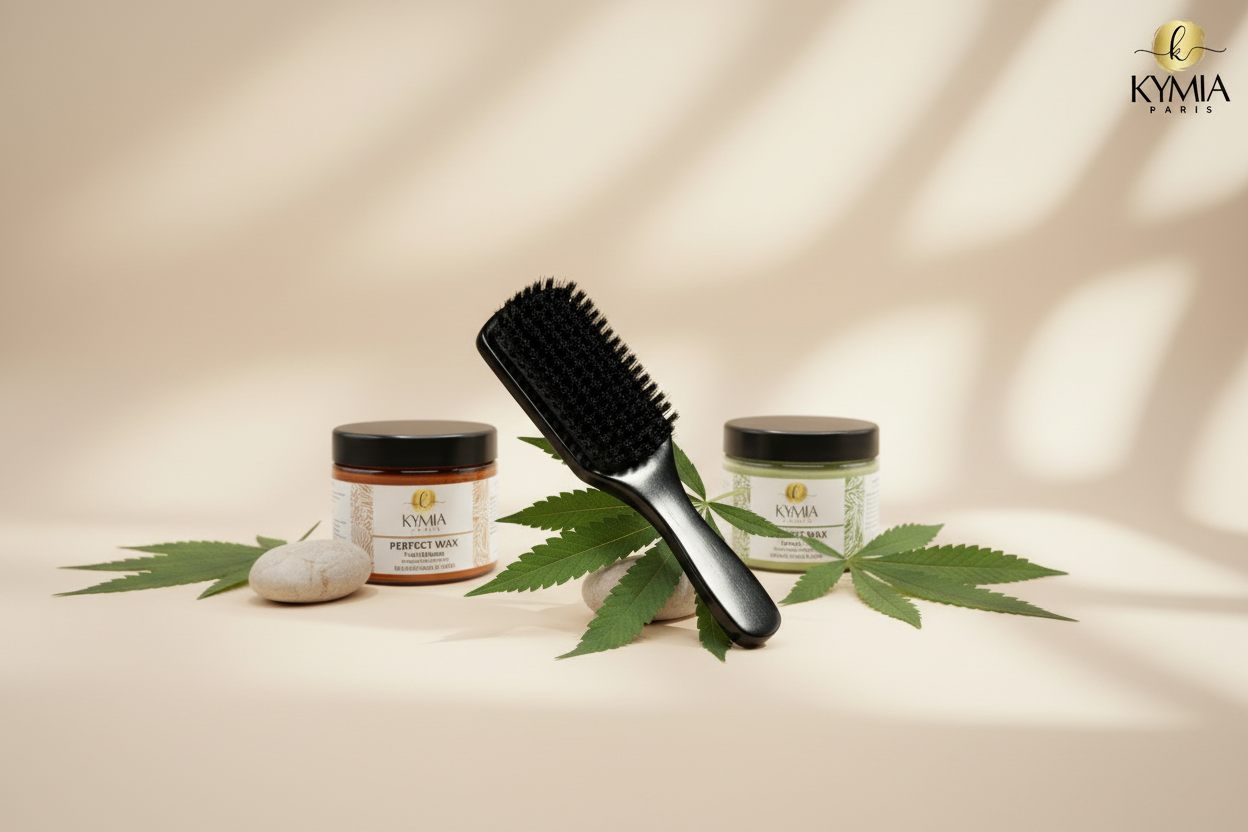 Flat lay espacé brosse et produits