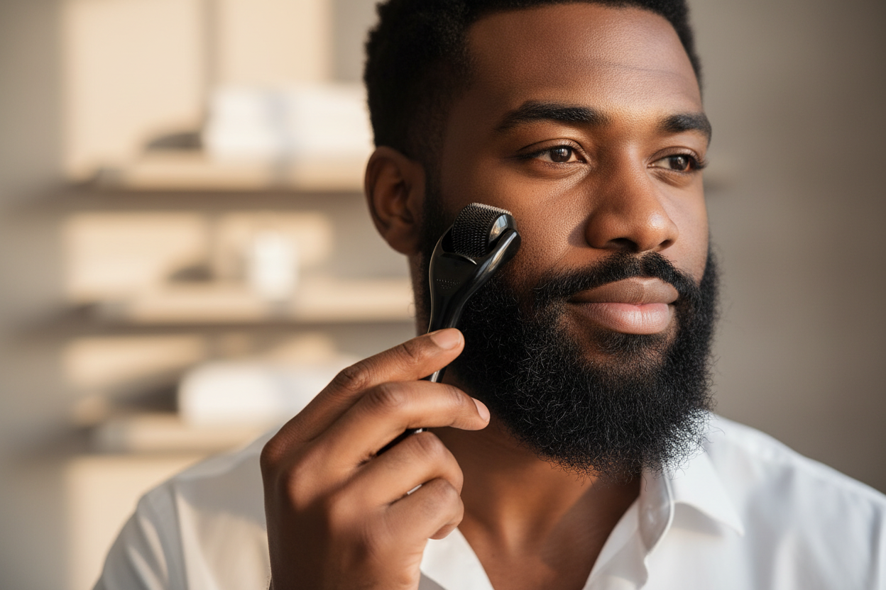 Homme utilisant derma roller sur barbe