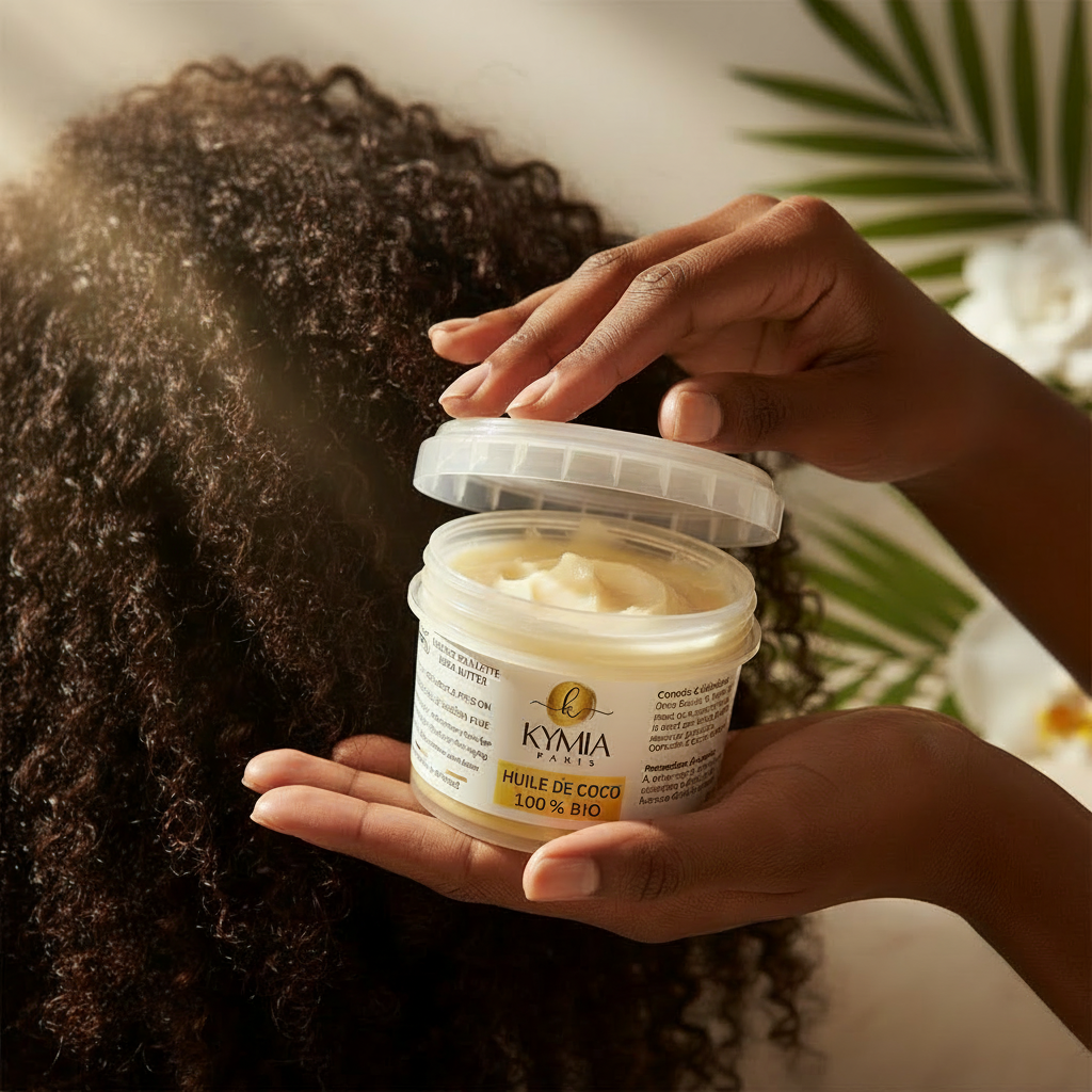 Application de l'huile de coco Kymia Paris sur cheveux bouclés