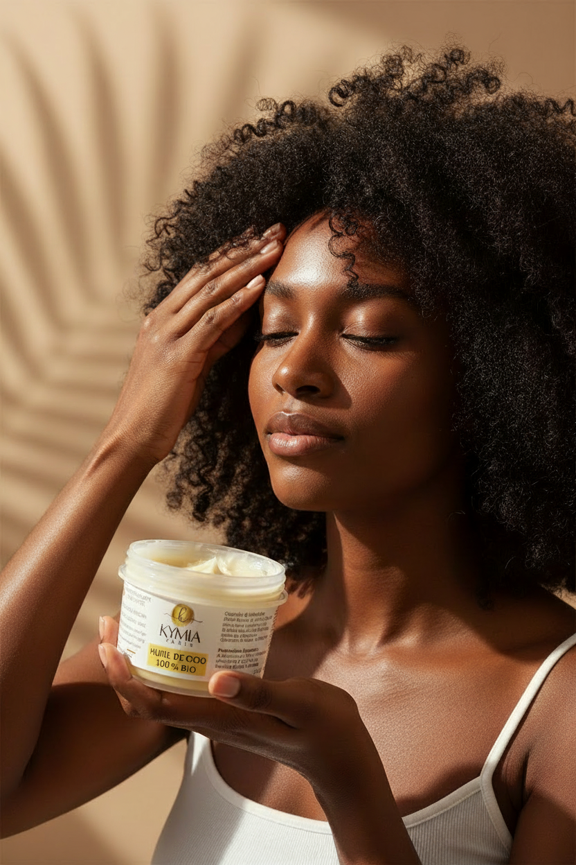 Rituel capillaire - Application de l'huile de coco sur cheveux crépus