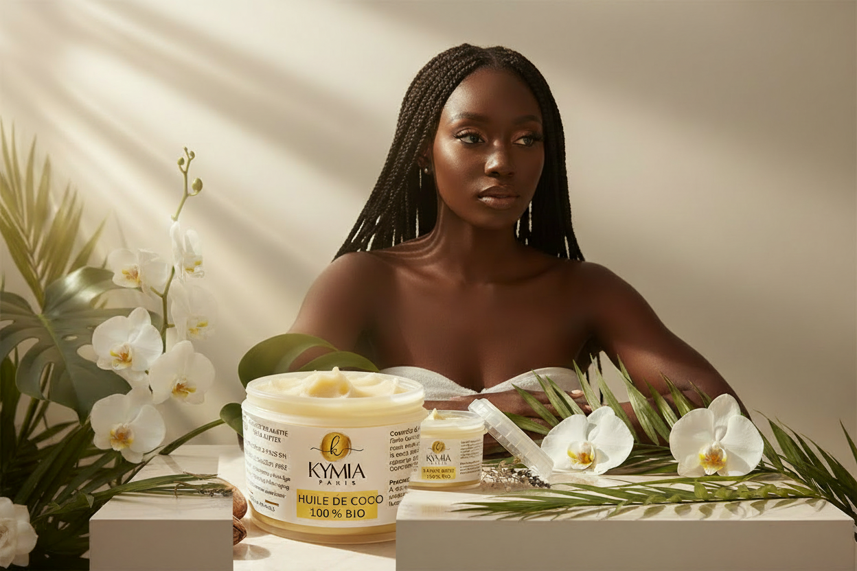 Femme avec locks en ambiance spa avec pot Huile de Coco Kymia Paris