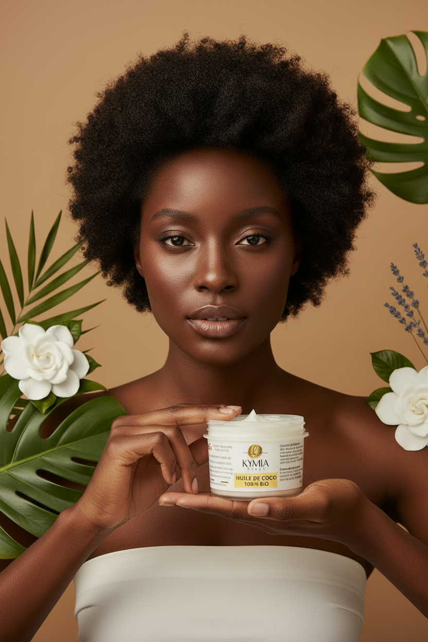 Femme avec cheveux afro tenant le pot Huile de Coco 100% Bio Kymia Paris